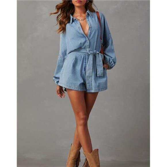 Women's Casual Denim Romper - Picture 4 of 7